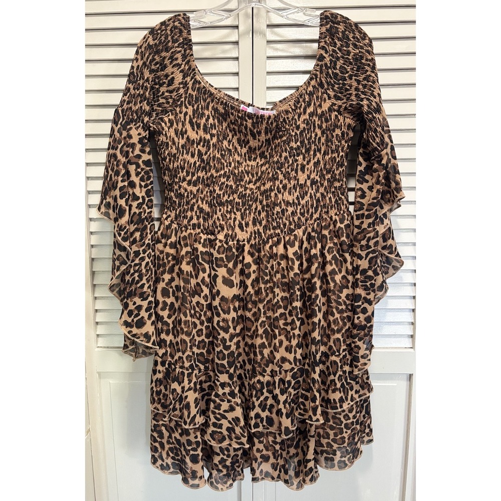 Southern Fried Chics Cheetah Fit Flare Dress Sz L Lined Smocked Long Bell Sl